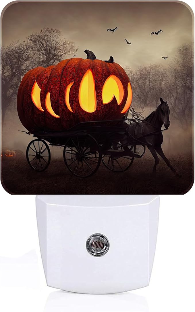 Halloween Pumpkin Carriage Night Light,Plug Into Wall with Dusk to Dawn Light Sensors, Warm Nightlights for Bedroom, Bathroom, Hallway, Kitchen, Gifts Ideal for Boys Girls Women Men