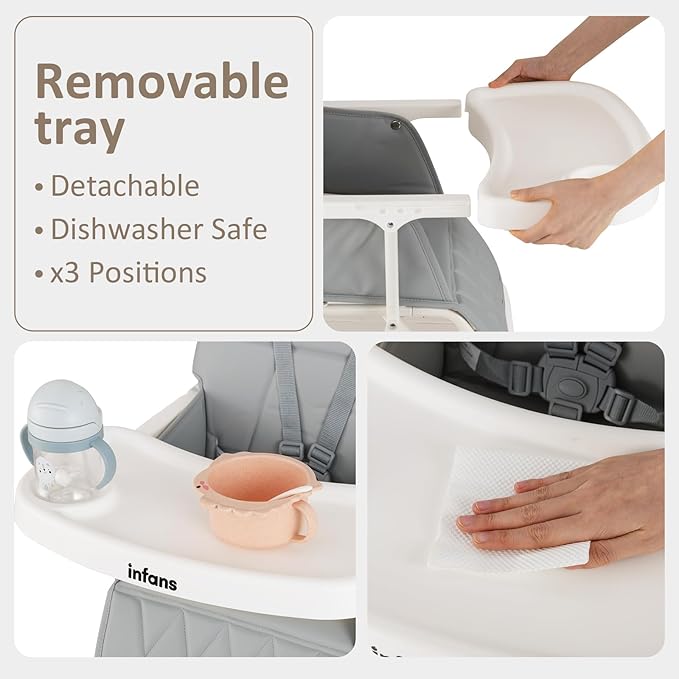 INFANS Baby High Chair, Quick Folding Portable Highchair for Babies and Toddlers with Adjustable Footrest Removable Dishwasher Tray PU Seat, Compact Highchairs for Baby Age 6-36 Months (Grey)