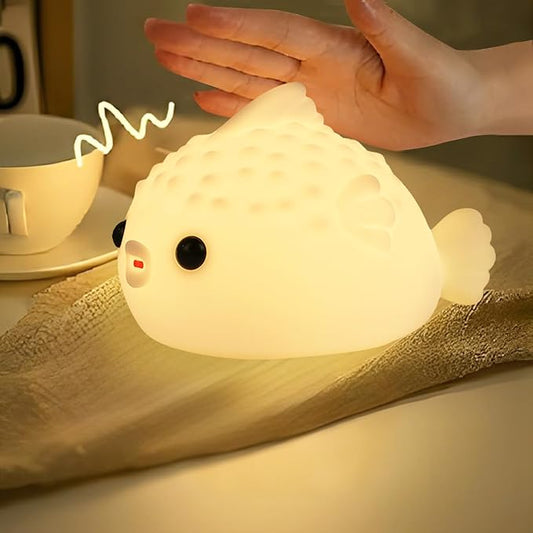 White Pufferfish Night Light - Silicone Touch Sensor Lamp for Nursery, 3 Adjustable Brightness, USB-C Rechargeable Baby-Safe Bedside Light, Modern Kids Room Decor & Toddler Sleep Aid
