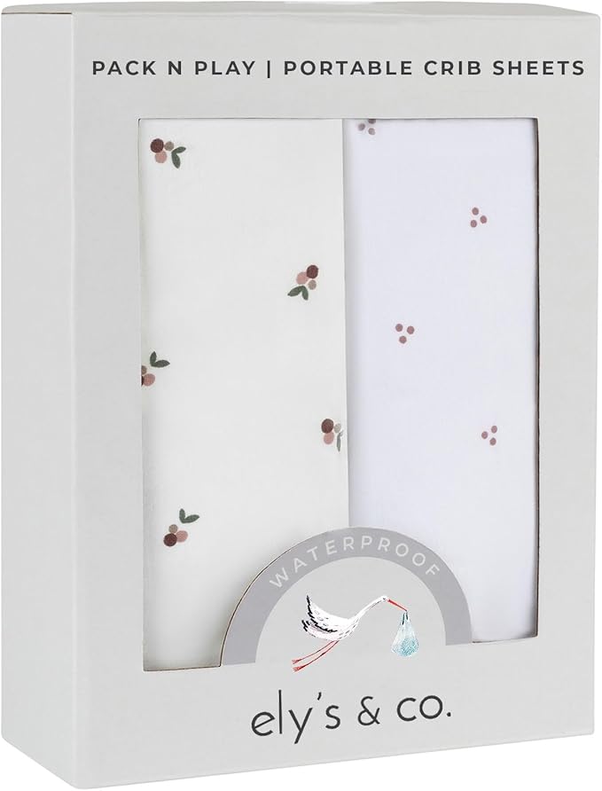 Ely's & Co. Patent Pending Waterproof Pack and Play Sheets, 100% Cotton with Waterproof Lining – 2 Pack Fitted Mini Crib Sheet Set, Berry and Cluster Dot (Lavender) 38” x 24”