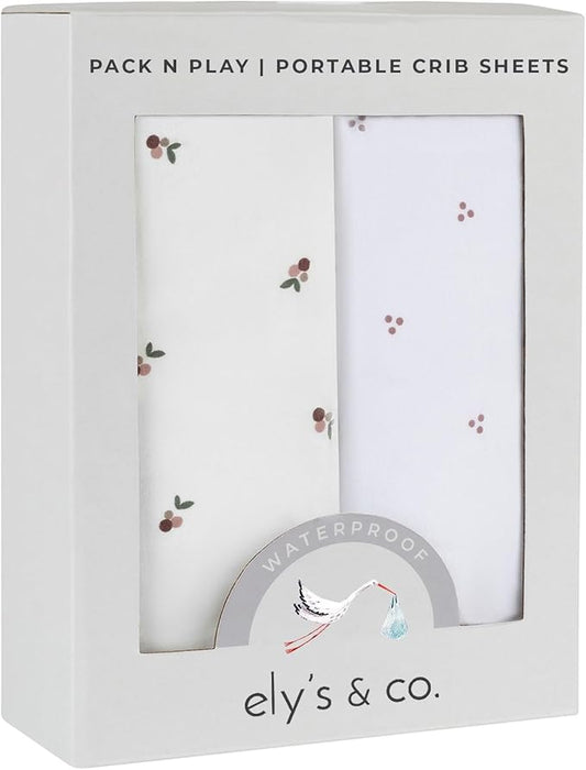Ely's & Co. Patent Pending Waterproof Pack and Play Sheets, 100% Cotton with Waterproof Lining – 2 Pack Fitted Mini Crib Sheet Set, Berry and Cluster Dot (Lavender) 38” x 24”
