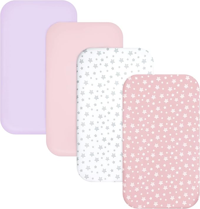 Pack and Play Sheets Girl, 4 Pack Mini Crib Sheets, Stretchy Pack n Play Playard Fitted Sheet, Compatible with Graco Pack n Play, Soft and Breathable Material, Pink