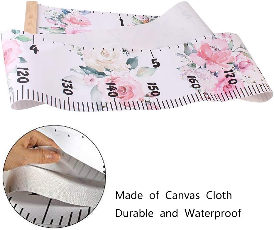 Kids Growth Chart, Wood Frame Fabric Canvas Height Measurement Ruler from Baby to Adult for Child's Room Decoration 7.9 x 79in (7.9 x 79in, Flowers)