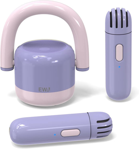 EWA Portable Mini Metal Karaoke Machine, Bluetooth Karaoke Speaker with 2 Wireless Microphones, Ideal Gifts for Girls Boys Family Home Party Birthday Christmas Toys Gifts-(Purple)
