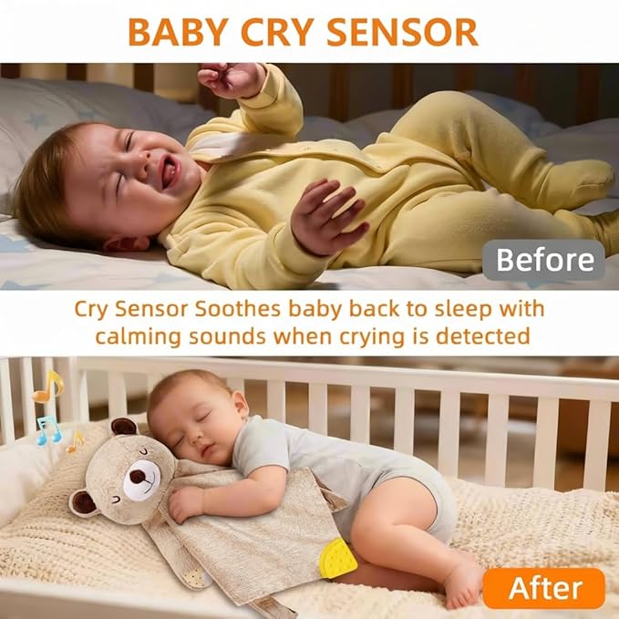 BEREST Rechargeable Baby Cry Sensor Sleep Soother Heartbeat Bear Lovey Blanket Comforter Toy, Help Newborns Go to Sleep Faster & Stay Asleep Longer, Great Nursery Decor Infants Shower Gifts