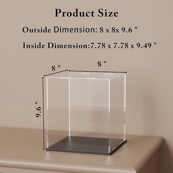 Acrylic Display Case, 8x8x9.6 Inch Rectangle Acrylic Boxes for Display, Clear Display Cases with Matte Black Base and Lid for Collectibles and Figures