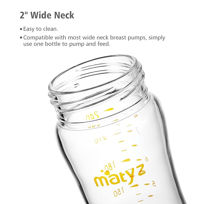 Matyz Glass Breastmilk Baby Feeding Bottle with Nipple, 2 Pack, 8 oz Slim and Light Bottle Easy to Hold, Food Grade Borosilicate Glass, Wide Neck Easy to Clean, No BPA (Green Lids)
