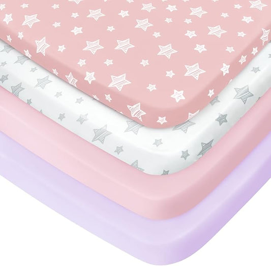 Pack and Play Sheets Girl, 4 Pack Mini Crib Sheets, Stretchy Pack n Play Playard Fitted Sheet, Compatible with Graco Pack n Play, Soft and Breathable Material, Pink