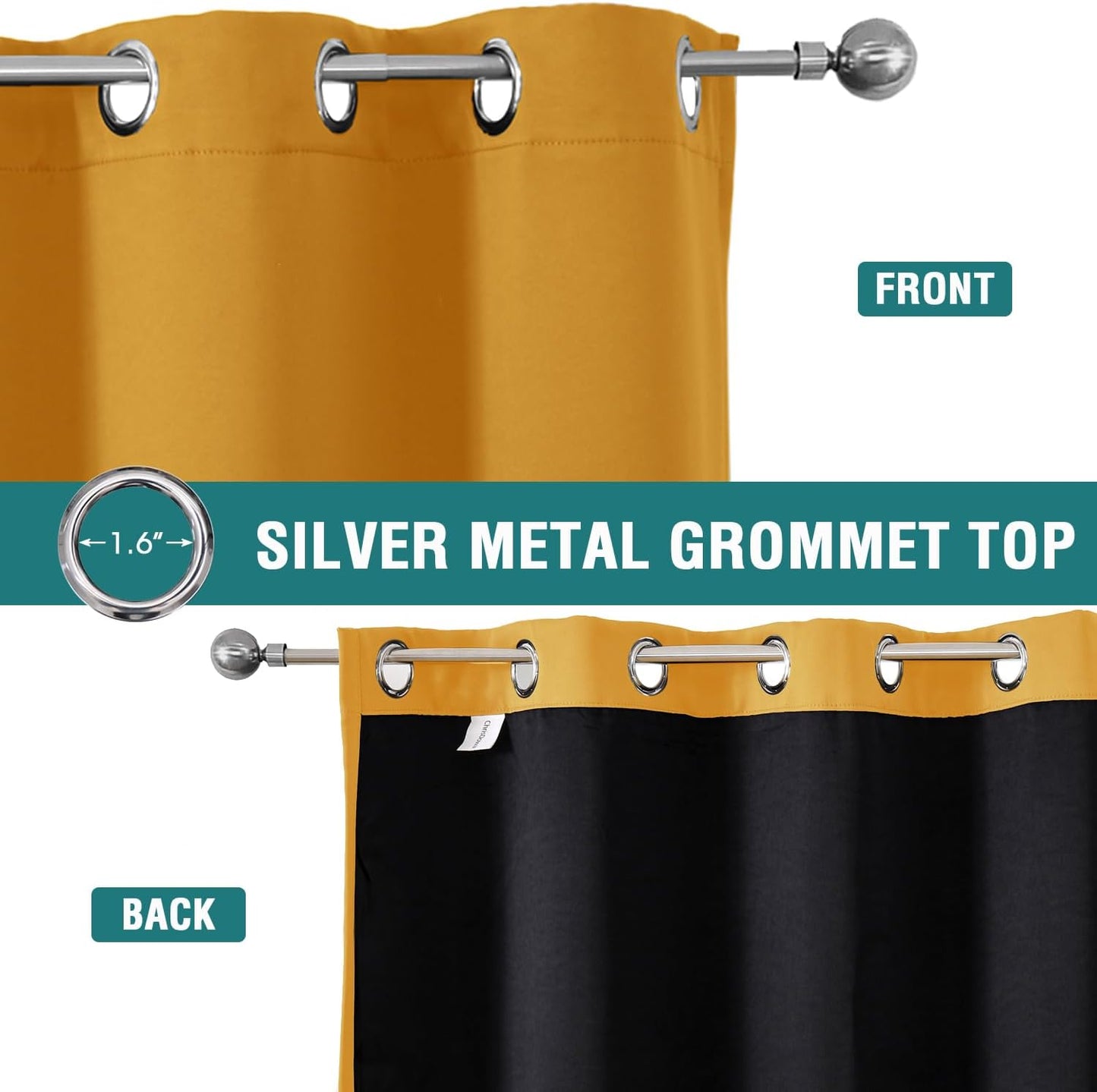 ChrisDowa 100% Blackout Curtains for Bedroom with Black Liner, 2 Thick Layers Total Blackout Thermal Insulated Grommet Window Curtains 2 Panels Set (Mustard Yellow, 52 x 72 Inch)