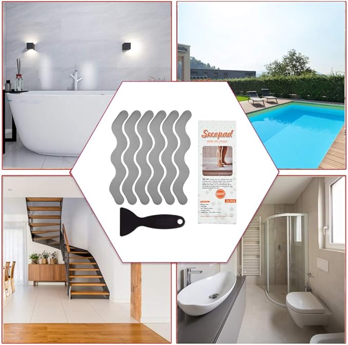 USA Patented Anti Slip Shower Stickers 24 PCS Safety Bathtub Strips Adhesive Decals with Premium Scraper for Bath Tub Shower Stairs Ladders Boats (Gray)
