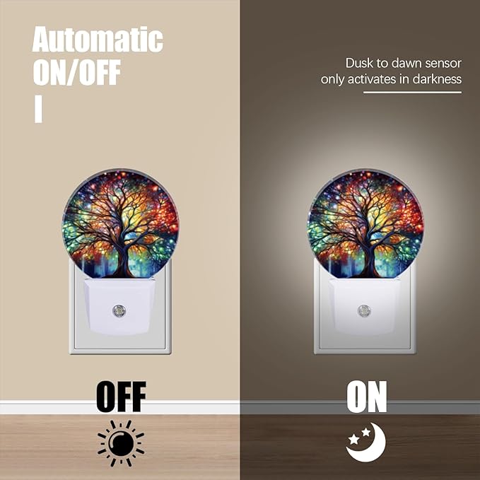 Round LED Night Lights Lamp with Dusk to Dawn Sensor, Vibrant Tree of Life with Branches Night Light Plug Into Wall for Kids Room, Bedroom, Bathroom, Kitchen, Hallway