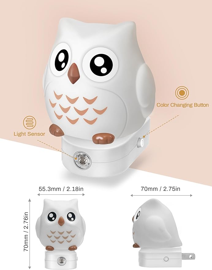 DORESshop Owl Night Lights Plug Into Wall [2 Pack], Cute Night Light for Kids, 8-Color LED Night Light, Nightlight with Dusk to Dawn Sensor for Kids Room, Bathroom, Bedroom Décor, Children Gift