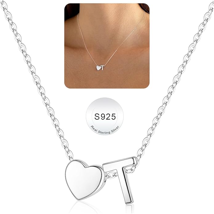Turandoss S925 Sterling Silver Heart Initial Necklaces for Girls Teen Girls, Dainty S925 Sterling Silver Tiny Heart Initial Necklace Letter Necklaces Trendy Jewelry Gifts for Girls Teen Girls