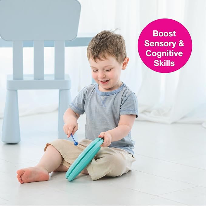 Edushape Classic Flat Drum for Baby with Easy-Grip Mallet - Set of 1 Blue Color Baby Drum Toy for Toddlers, 2-Year Old and Up - Small Drums Musical Toy for Babies, Fun Tummy Time, Sensory Development