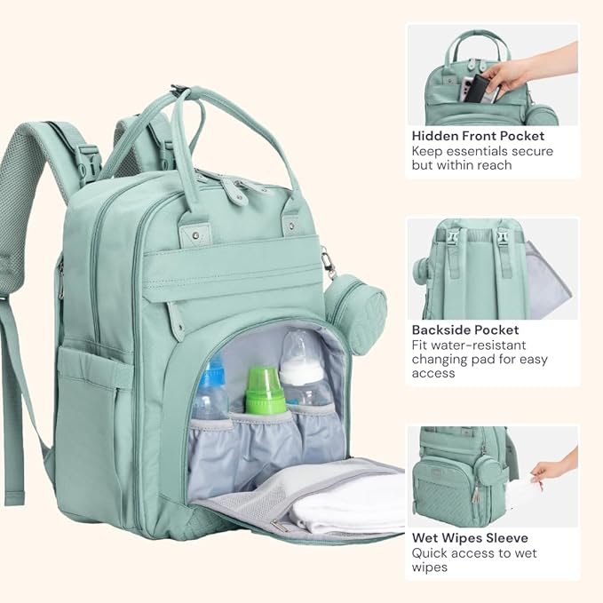 BabbleRoo Diaper Bag Backpack - Baby Essentials Travel Bag - Multi Function Water Resistant Diaper Bag, Travel Essentials Baby Bag with Changing Pad, Stroller Straps & Pacifier Case – Sage Green