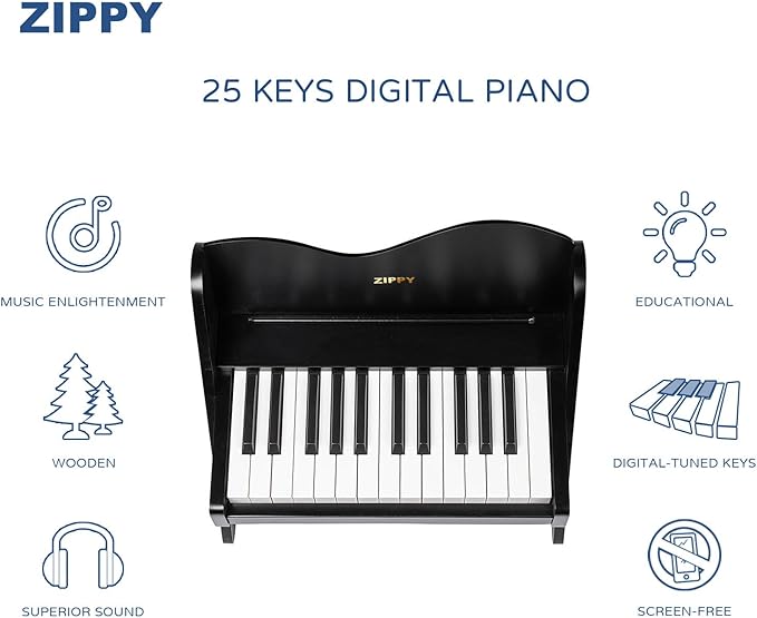 ZIPPY Kids Piano Keyboard, 25 Keys Digital Piano for Kids, Volume Adjustable, Mini Music Educational Instrument Toy, Wood Toy for Toddlers Girls Boys (Black)
