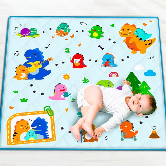 50" X 50" Baby Play Mats for Floor,Thick Soft Playpen Mat,Foldable Washable Crawling Mat, Non-Slip Cushioned Baby Mats for Infants Babies Toddlers,Kids Playmats Tummy Time Activity (Dinosaur)