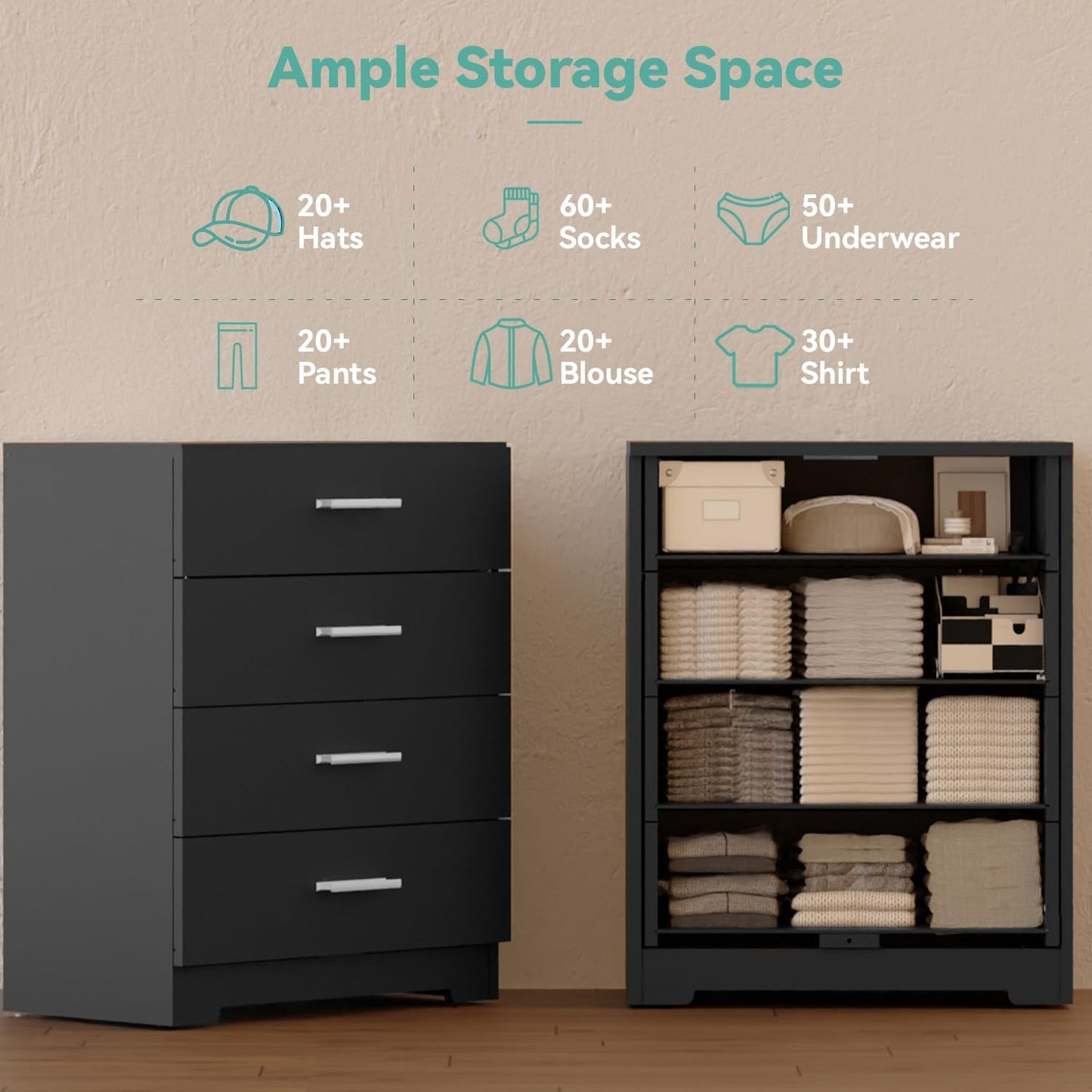 Dresser with Power Outlets Wooden 4 Drawer Dresser with USB and Type C Port Chest of Drawers for Bedroom Tall Black Organizer Storage for Living Room Hallway Closet