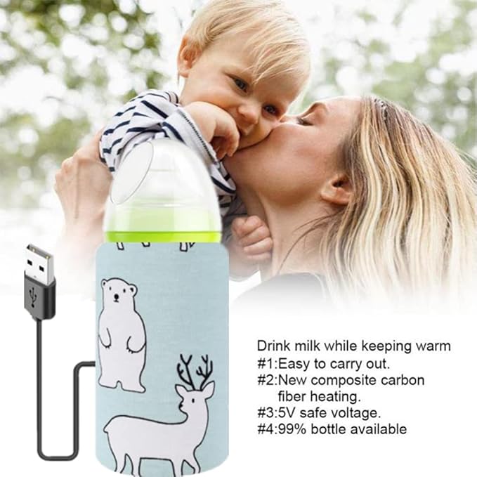 Portable Bottle Keep Warm, USB Travel Milk Heat Keeper, Baby Bottle Keep Warmer for Car Tavel, Storage Cover Insulation Thermostat(Bear)