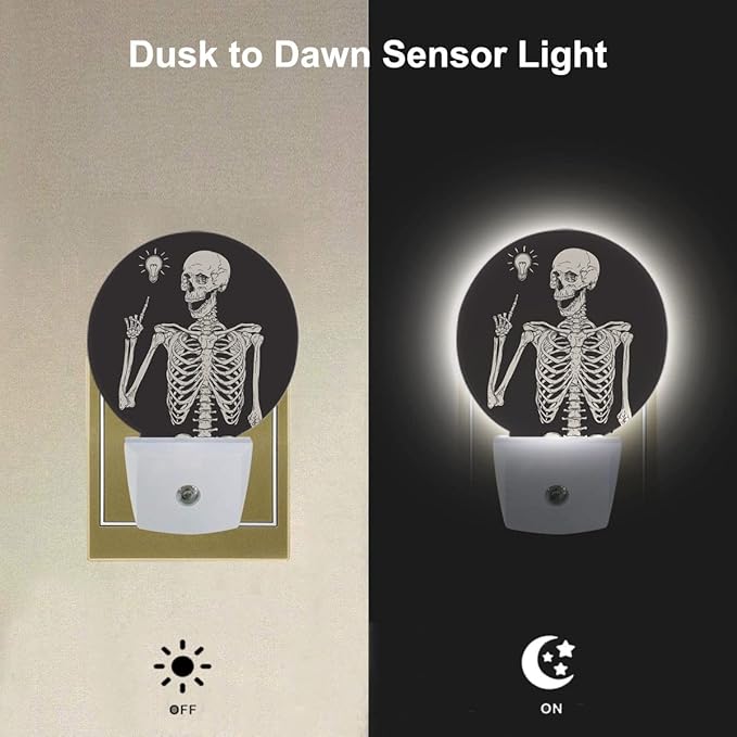 EKOBLA Funny Skull Night Light Human Skeleton Posing Rock Music Pose Black White Night Lights Plug into Wall Auto on/Off Led Lamp for Boys Girls Men Women Halloween Holiday Gifts