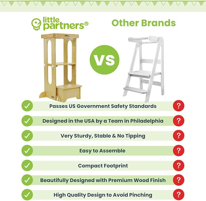 Little Partners Foldable Toddler Tower, Learning Tower Explore 'N Store Montessori Standing Kitchen Tower with Folding Step Stool Platform for Cooking and Learning, Ages 2+ (Natural)