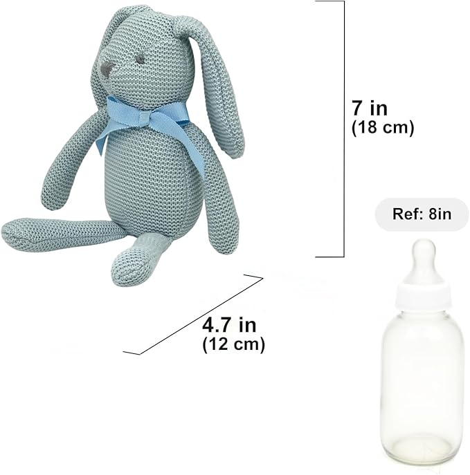 100% Organic Cotton Baby Toys Blue Bunny Rabbit Stuffed Animals for Newborn 7.1"