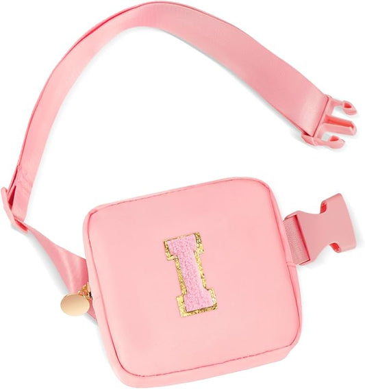 Mini Belt Bag Fanny Pack with Initials Letter Patch Small Crossbody Bags Cute Stuff Birthday Gifts for Teenager Girls Trendy Stuff for Teens - Initial I,Peach