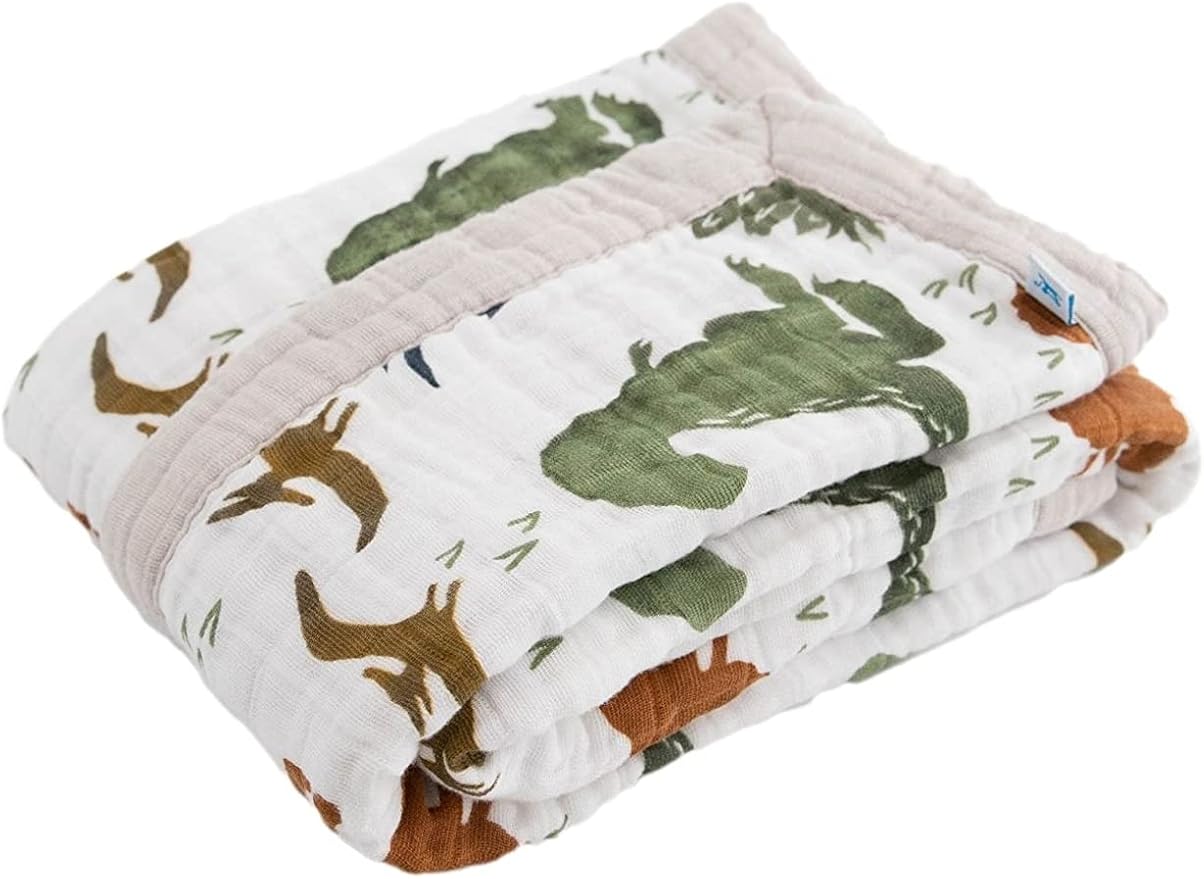 Little Unicorn Newborn Receiving Quilt | Ultra- Soft, Multi-Layered Muslin Fabric | Gift for Newborns & on-The-go (Dino Friends)
