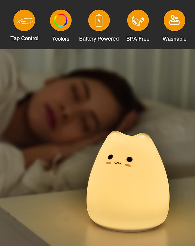 LED Cat Night Light, Battery Powered Night Light for Kids, Silicone Multicolor Cute Lamp with Warm White and 7-Color Breathing Mode, Christmas Gifts for Kids, Baby, Children, Lady (Cute Cat)
