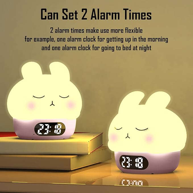 Cute Bunny RGB Rechargeable Night Light, Soft Silicone Lampshade, Adjustable Brightness LED Clock, Date, Alarm, Thermometer, Timer, Tap Control, Bedroom Lamp, Gift for Girl and Kid (Pink Bunny)