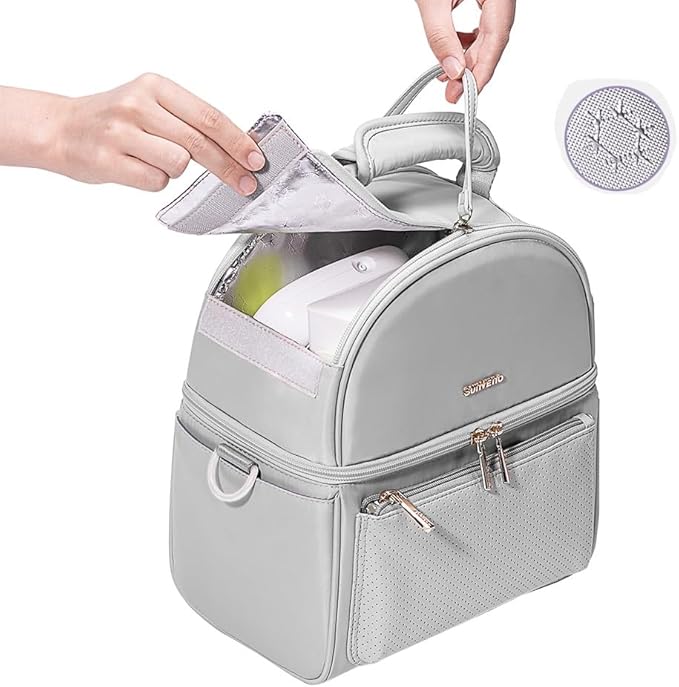 Sunveno Breastmilk Cooler Bag Set with 2 Ice Packs & Detachable Insulation Box, 15-Hour Cold Retention Foil-Lined Leak-Proof Tote Fits 3 Baby Bottles for On-The-Go Pumping Moms, Daycare & Travel,Grey