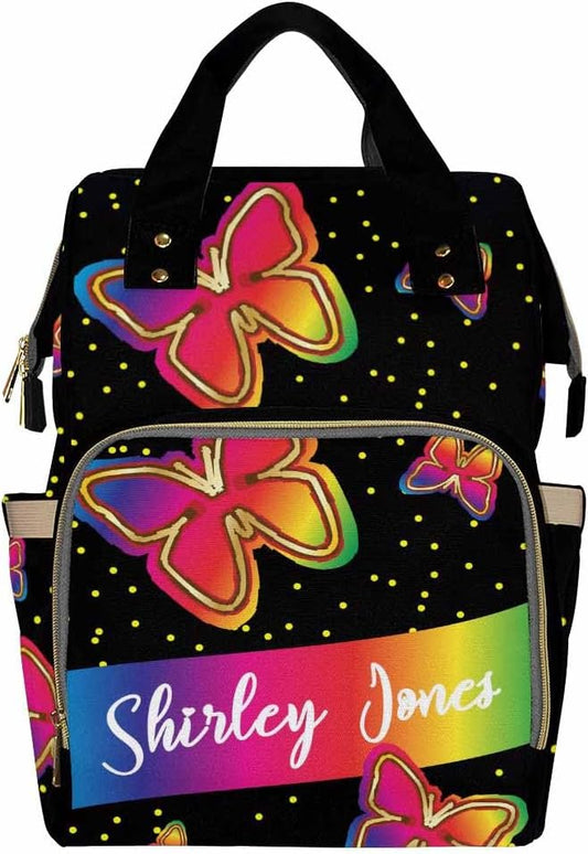 Customized Diaper Backpack Handbag Handbag Cute American Women Expandable Princess All-In-One Bags Custom Bag Personalized Mummy Nursing Baby Bags, Rainbow Butterflies