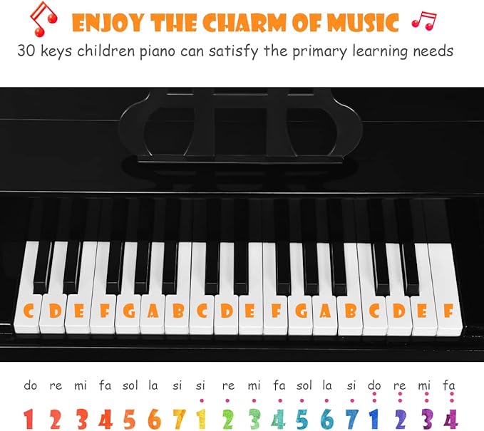 HONEY JOY Classical Kids Piano, 30-Key Mini Grand Piano with Music Stand and Bench, Wooden Musical Instrument Toy w/Lid & Music Rack, Gift for Boys Girls Ages 3+ (4 Straight Leg-Black)