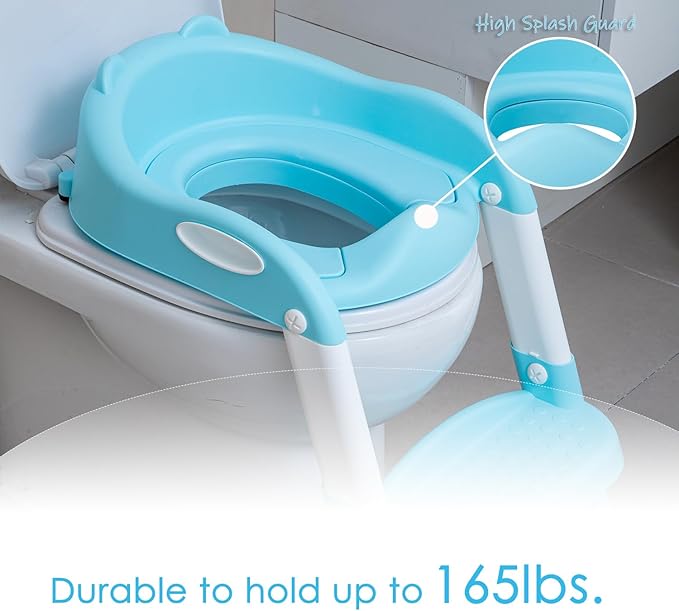 Potty Training Toilet Chair Seat with Step Stool Ladder for Kids and Toddler Boys Girls - Foldable Height Adjustable Children Toilet Training Seat with Safe Handles & Anti-Slip Pads, Blue-White