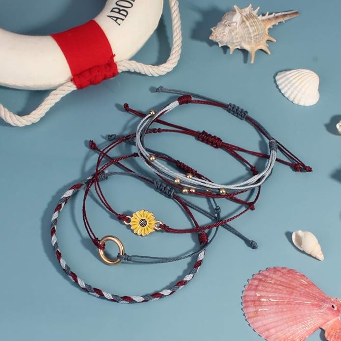 FANCY SHINY Sunflower String Bracelet Boho Braided Rope Wrap Bracelets Cute Summer Beach Surfer Jewelry for Women Christmas Gifts