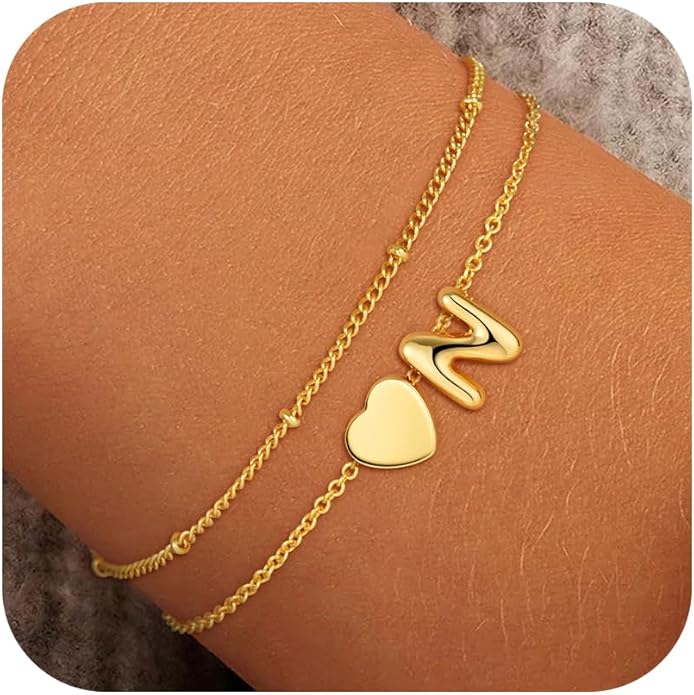 Heart Initial Bracelets for Women Girls - 18K Gold Plated A-Z Initial Bracelet Dainty Gold Bracelets for Women Teen Girl Gifts Trendy Stuff