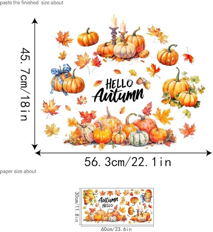 Autumn Window Decals Decorations Kit - Hello Autumn, Maple Leaf, Flower Pumpkin Designs | Reusable Static Cling for Home, Office Glass Fall Decor