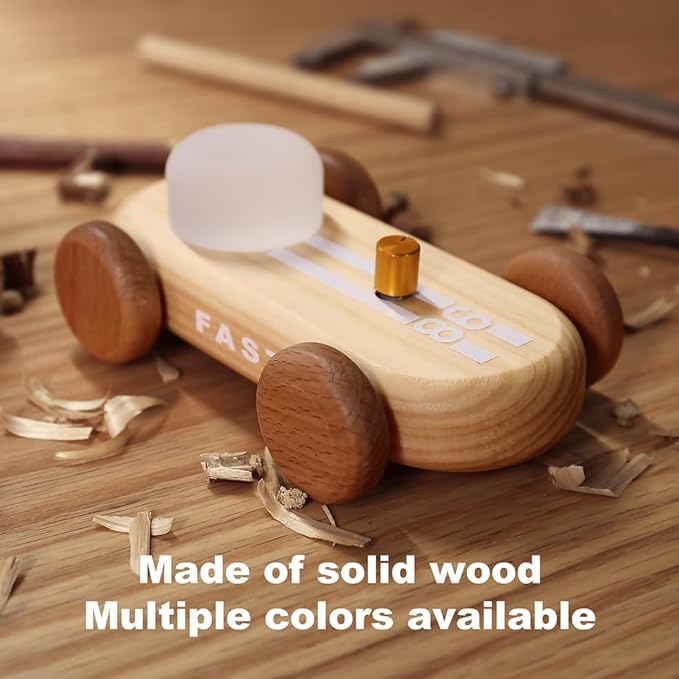 Wooden Go-Kart Night Light for Kids, 7 Color Adjustable, USB Rechargeable (Burlywood)