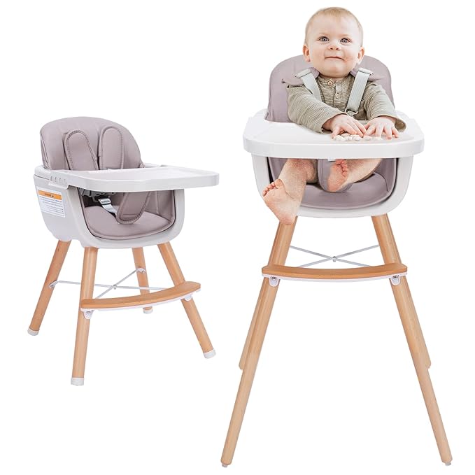 Mallify 3-in-1 Convertible Wooden High Chair, High Chairs for Babies and Toddlers, Baby High Chair with Adjustable Legs & Dishwasher Safe Tray, Made of Sleek Hardwood & Premium Leatherette, Pink