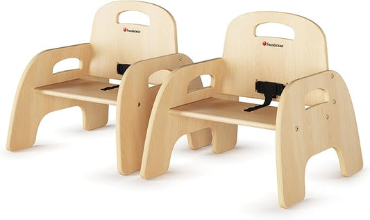 Foundations Simple Sitter 7” Low Wood Feeding Chairs, Wide No-Tip Base, Adjustable Safety Harness, Stackable Wood Toddler Chairs with Food Service Grade Finish, 2 Pack