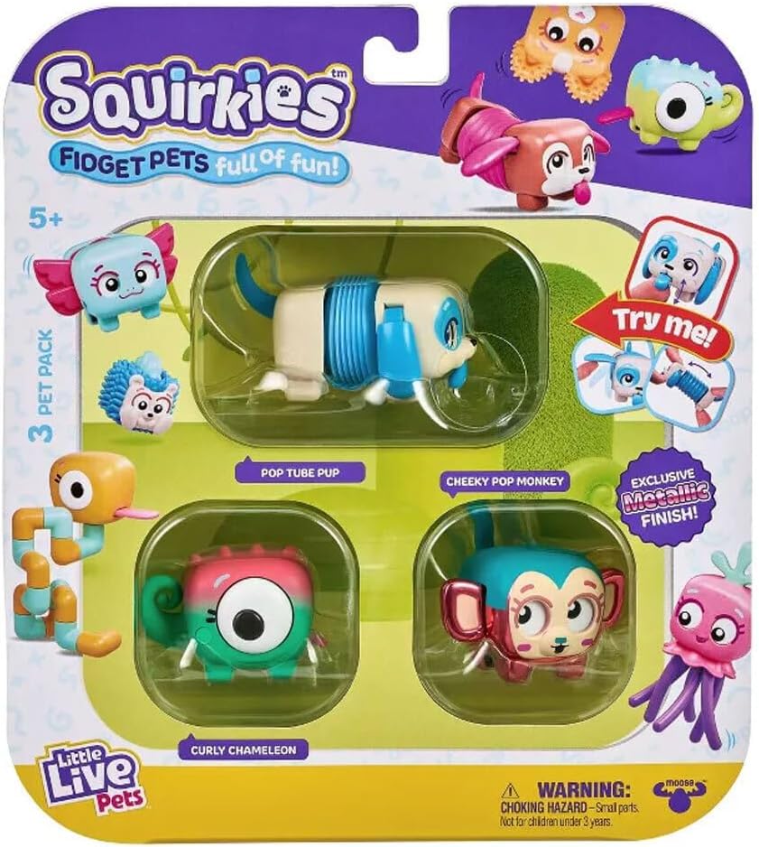 Little Live Pets - Squirkies: 3 Pack: Metallic Cheeky Pop Monkey | Interactive Fidget Toys, Feature, Click, Flick, Tangle, 30+ to Collect, Multiple Fidget Points, for Kids Ages 5+.