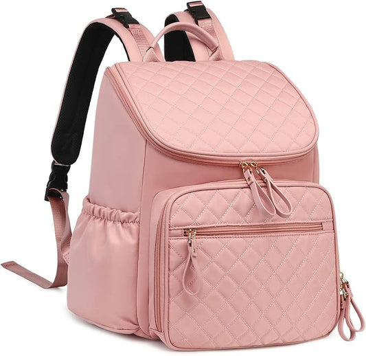 Large Capacity Diaper Bag Backpack with Stroller Buckle, Water-Resistant Travel Baby Bag with Insulated Pockets (Classic, Pink)