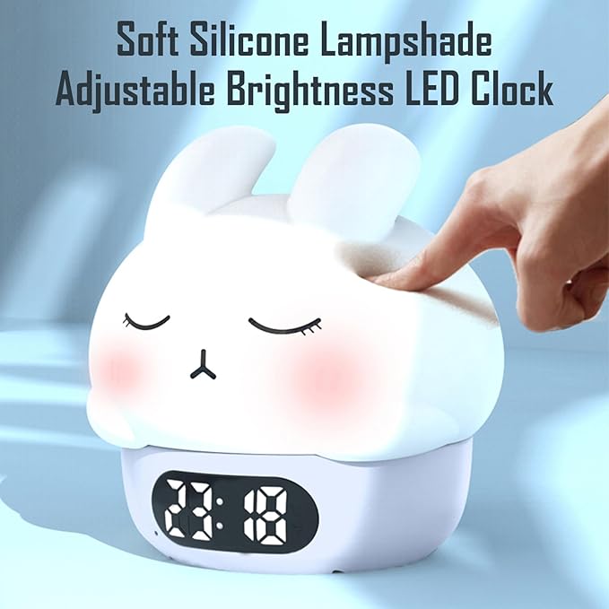 Cute Bunny RGB Rechargeable Night Light, Soft Silicone Lampshade, Adjustable Brightness LED Clock, Date, Alarm, Thermometer, Timer, Tap Control, Bedroom Lamp, Gift for Girl and Kid (Blue Bunny)