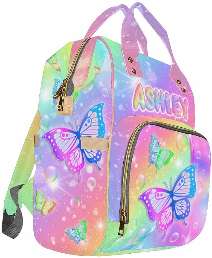 Custom Diaper Bag with Name Birthday Gift Nappy Backpack Personalized Back Pack Customize Name Backpack For Outdoor Shopping Personalized Baby Bag, Rainbow Butterflies