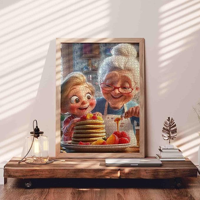 1000 Piece Jigsaw Puzzle for Adults Students Grandma and Granddaughter Making Pancakes in Kitchen Puzzles Happy Family Scene Vibrant Colors Art Home Decor Size 20X27 Inches Fun Gift Jigsaw Game