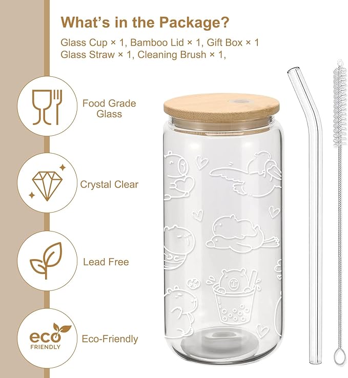 Cute Capybara Stuff - Glass Cup with Lid and Straw, Capybara Gifts for Women Girls, Funny Birthday Decoraions, Iced Coffee Cup Smoothie, 16 oz