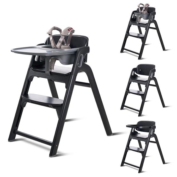 Momcozy DinerPal Wooden High Chair for Babies, Toddlers & Adults Up to 308 Lbs, Convertible Baby Highchair with Food-Grade Tray, Dishwasher-Safe, Adjustable & Ergonomic, Midnight Black