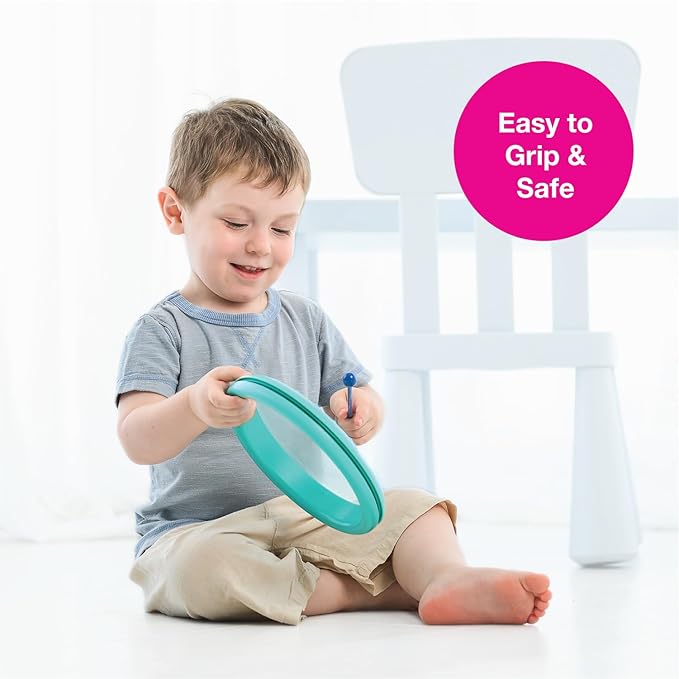 Edushape Classic Flat Drum for Baby with Easy-Grip Mallet - Set of 1 Blue Color Baby Drum Toy for Toddlers, 2-Year Old and Up - Small Drums Musical Toy for Babies, Fun Tummy Time, Sensory Development