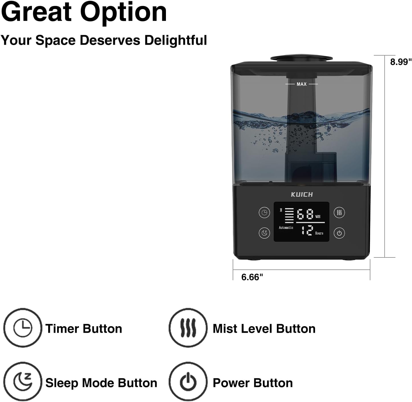 Air Humidifiers for Bedroom and Baby, Home & Plants - KUICH 2.4L Cool Mist Humidifiers for Nursery, 26db Quiet Top Fill Air Humidifier Lasts Up to 30 Hours, Auto Shut-Off, Easy to Fill and Clean,Black