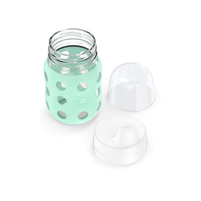 Lifefactory 8-Ounce Wide Neck Glass Baby Bottle with Protective Silicone Sleeve and Hard Sippy Spout, Mint (LG2221WMI4)